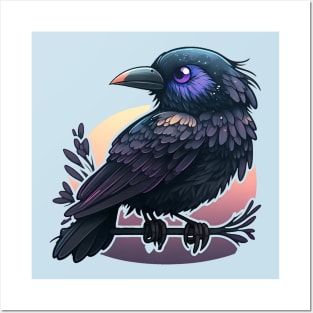 Beautiful raven with dark tones on a branch Posters and Art